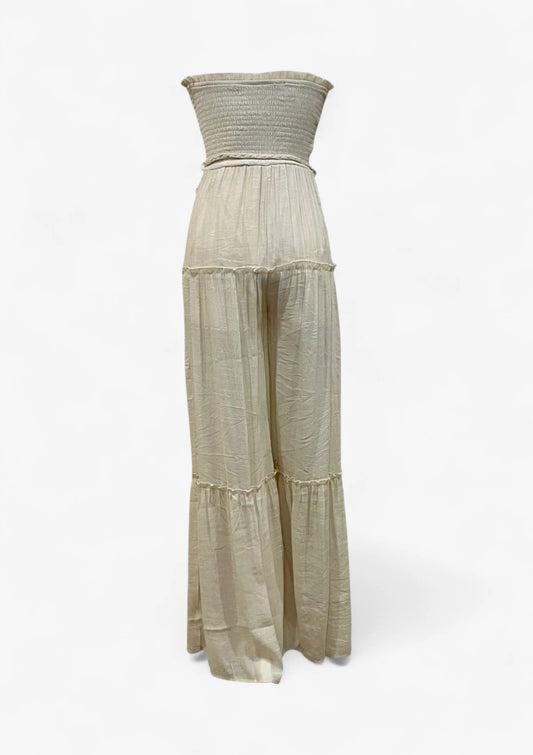 Beige Strapless Wide Leg Jumpsuit