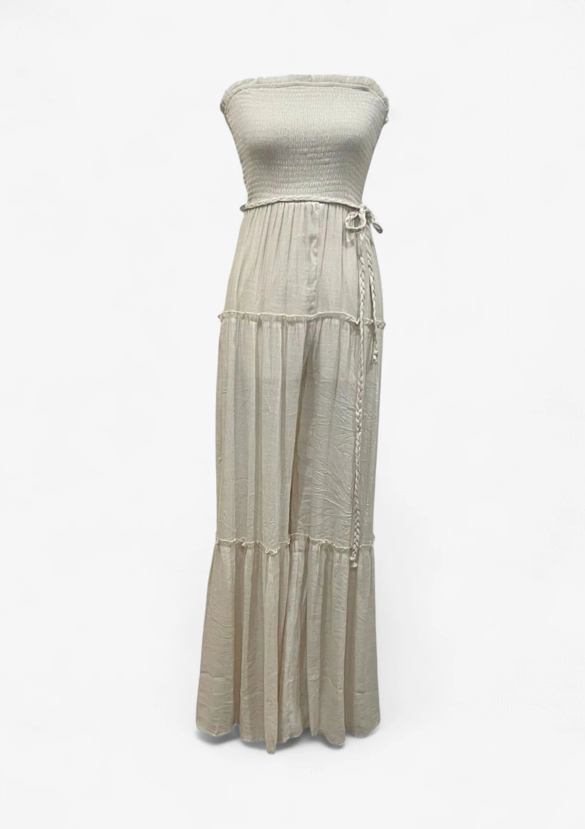 Beige Strapless Wide Leg Jumpsuit