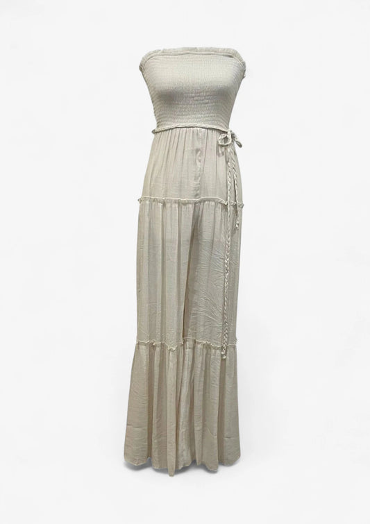 Beige Strapless Wide Leg Jumpsuit