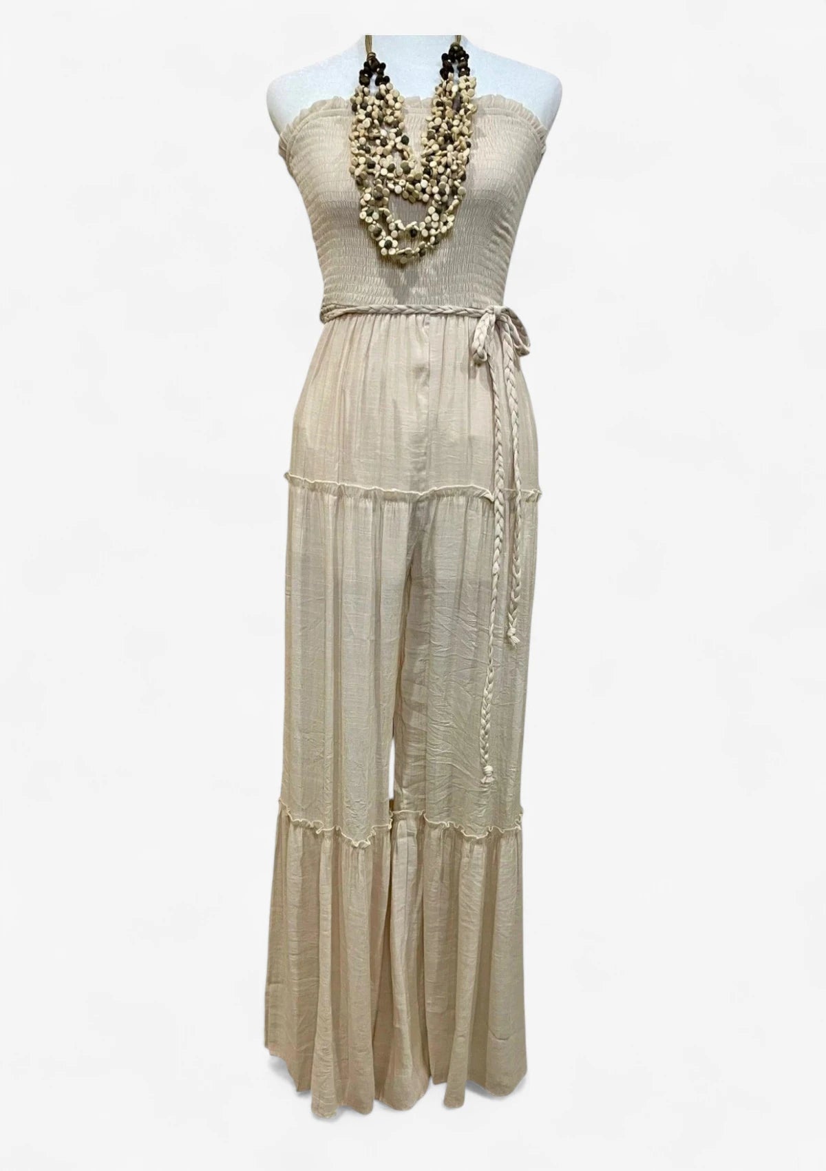 Beige Strapless Wide Leg Jumpsuit