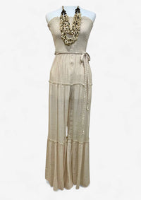 Beige Strapless Wide Leg Jumpsuit