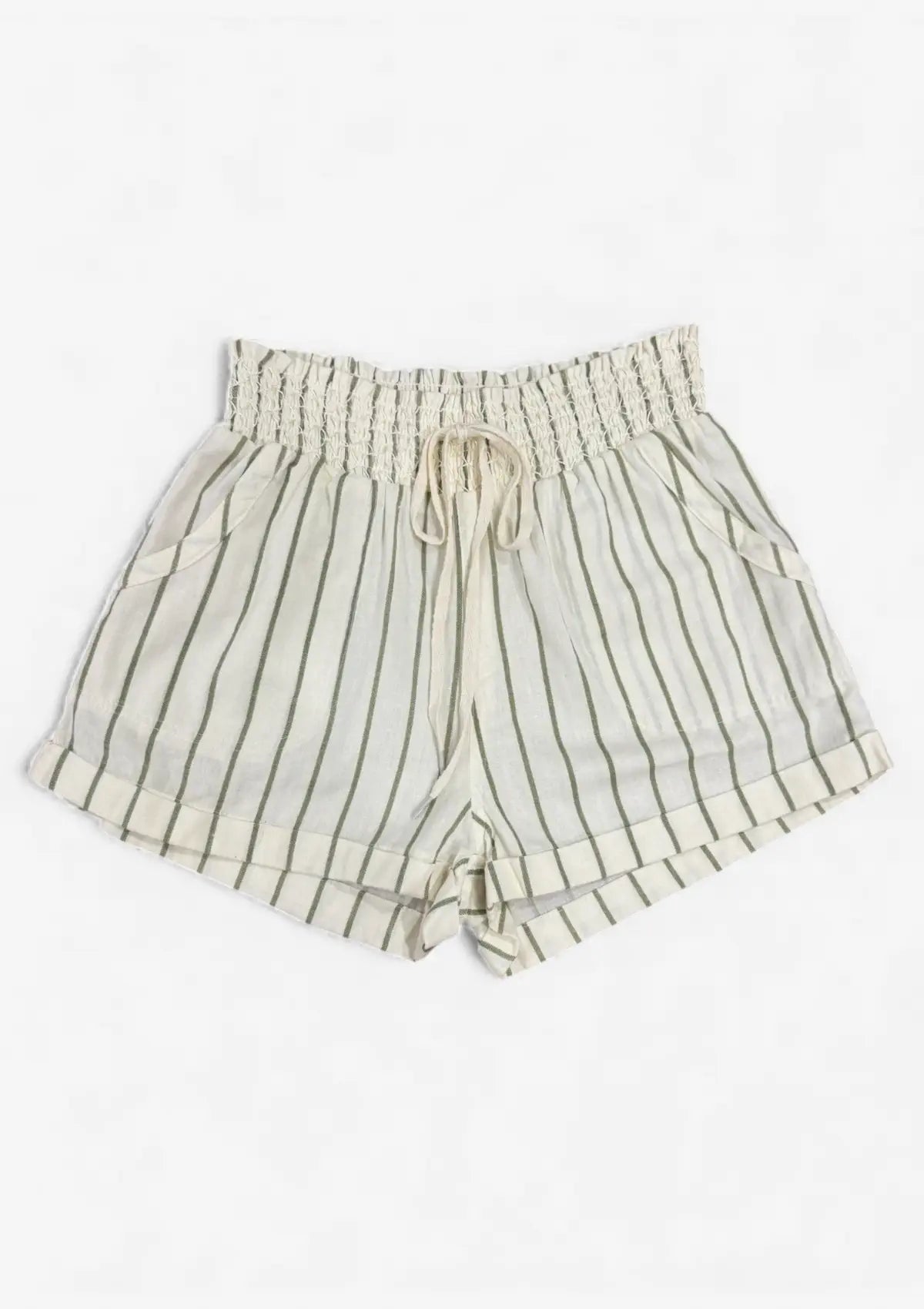 Striped shorts with a drawstring on a white background