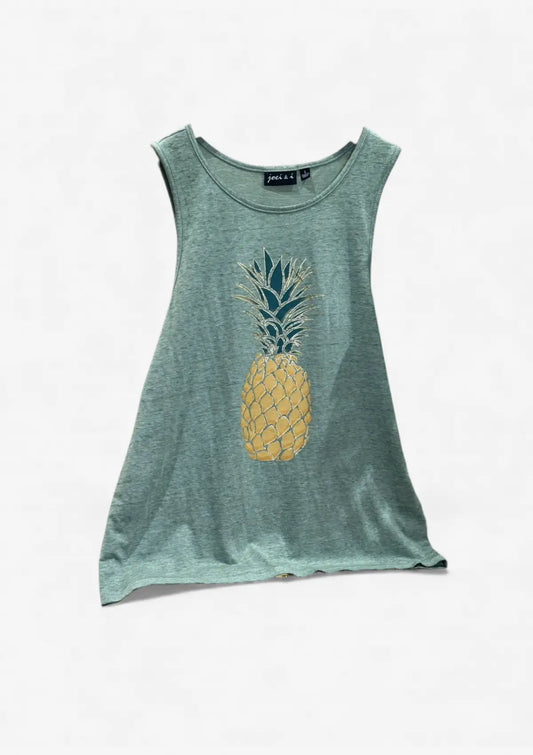 Green tank top with a pineapple design on a white background