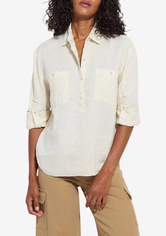 White roll tab shirt half button up two chest pockets